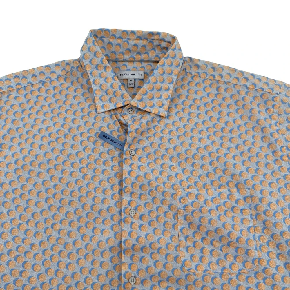 Peter Millar Mens XL Orange Blue Umbrella Print Short Sleeve Untucked Shirt Golf